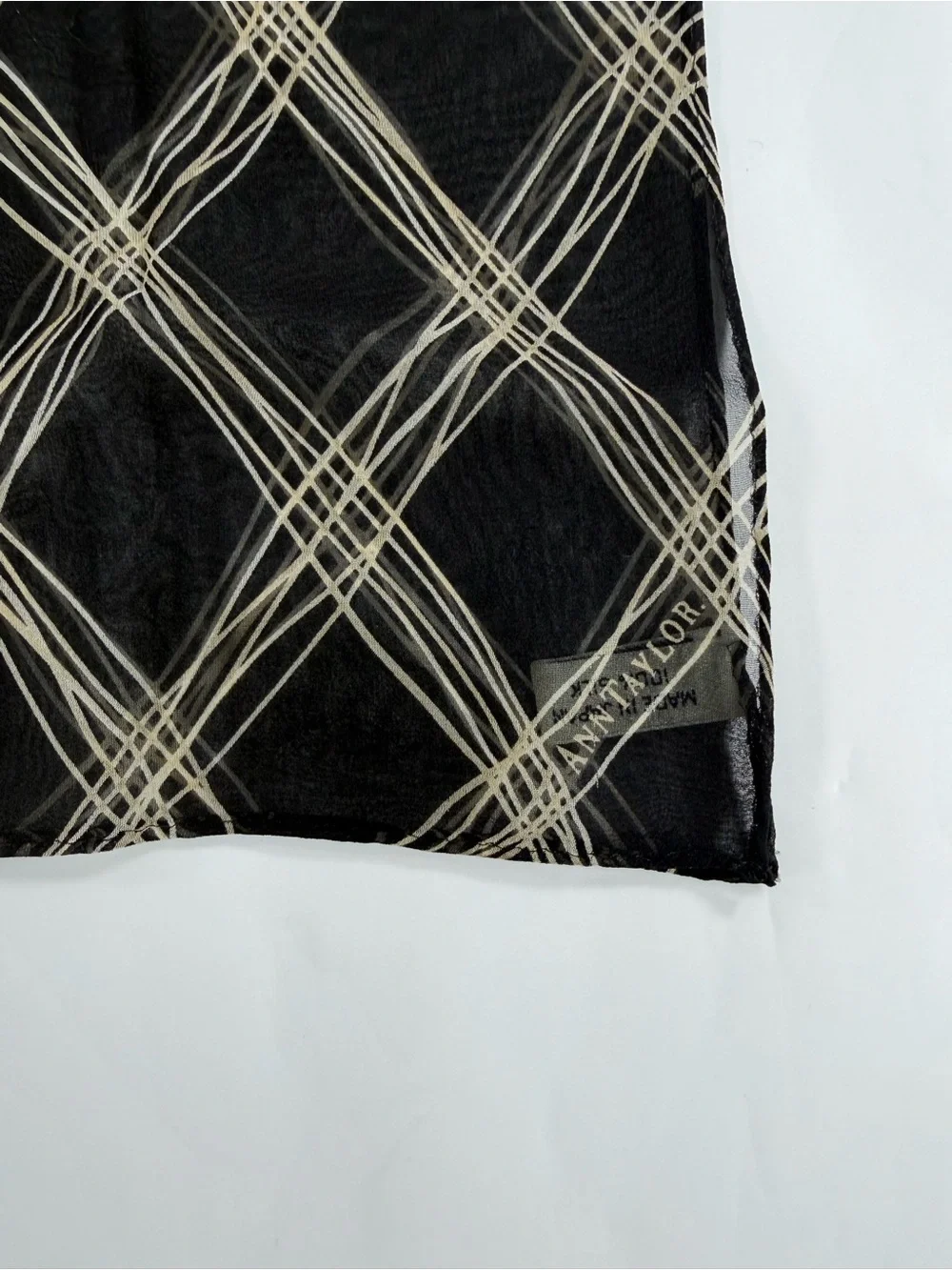 Ann Taylor 100% Silk Sheer Scarf Black Ivory Abstract Plaid 42x15 Japan